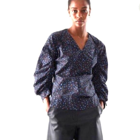 COS drawstring sleeve V neck cotton blouse navy  Sz 6 - Picture 1 of 11
